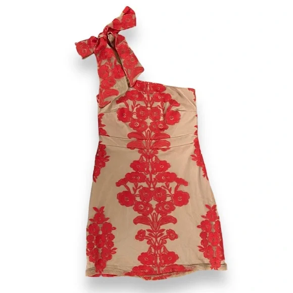 For love & Lemons Temecula Red Tan One Shoulder Mini Dress Embroidered Mesh XS - Picture 3 of 12